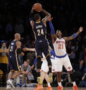 Paul George rises over Knicks Iman Shumpert in the game's final seconds a play in which Shumpert fouled George and he promptly went to the line and made all three free throws to send the game into overtime.